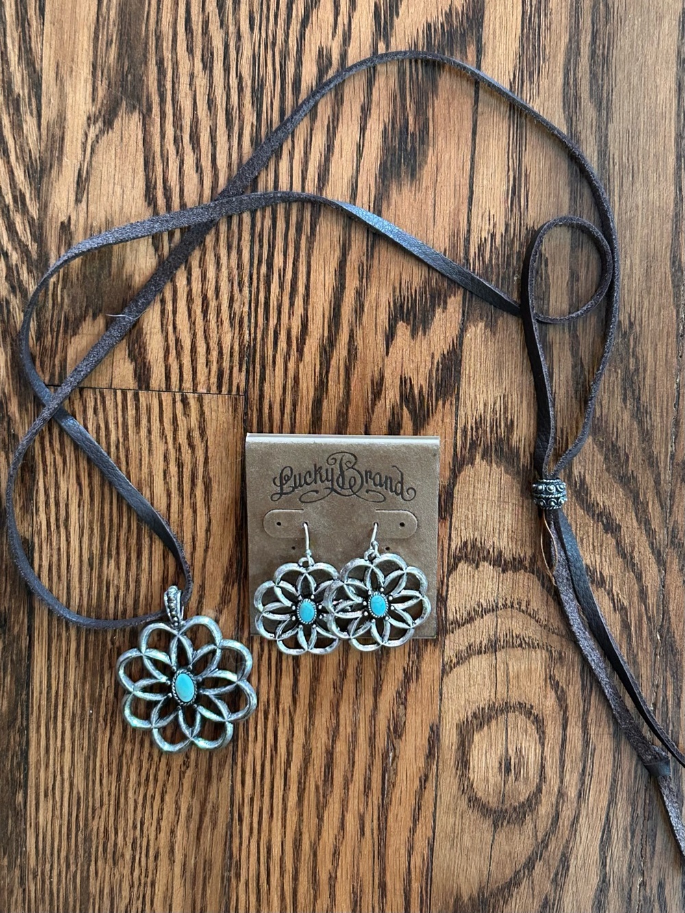 Lucky Brand Silver-Tone Floral Leather Necklace with Turquoise Accent